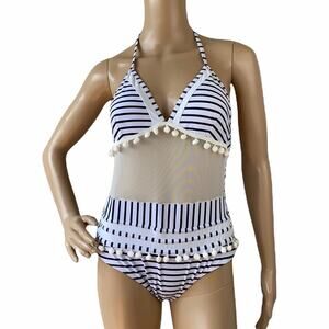 New Adreamly Women Stripes One Piece Halter Black White Padded Swimwear Size S